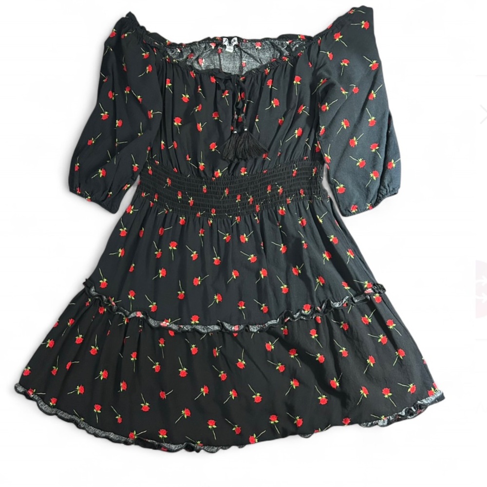 J for Justify Black Off The Shoulder Peasant Dress with Red Floral Pattern